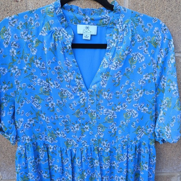 CeCe Womens Blue Floral Shift Raffled Dress M Chiffon Puff Sleeve V-neck - Picture 4 of 9